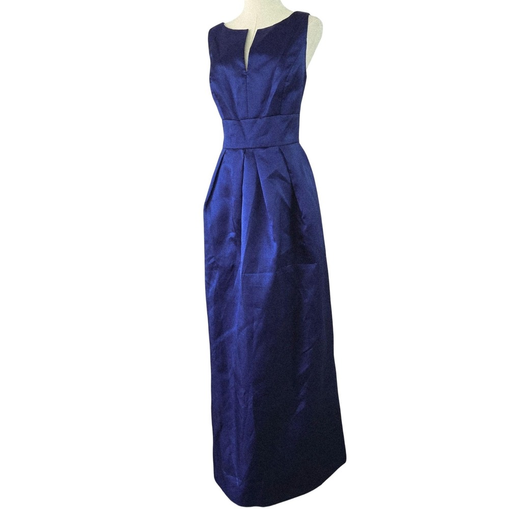 ALFRED SUNG Dress Womens 14 Blue Fit & Flare Maxi V-Neck Satin Lined Gown